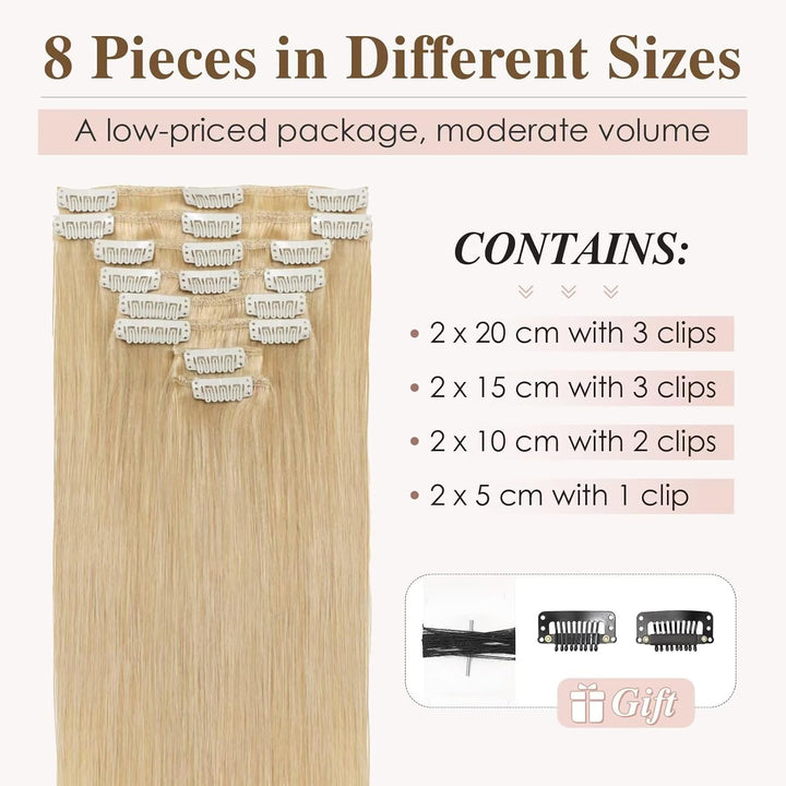TESS Clip in Extensions Echthaar, 8pcs Clip in Haarverlängerung Remy Echt Haare Natürliche 18 Clips