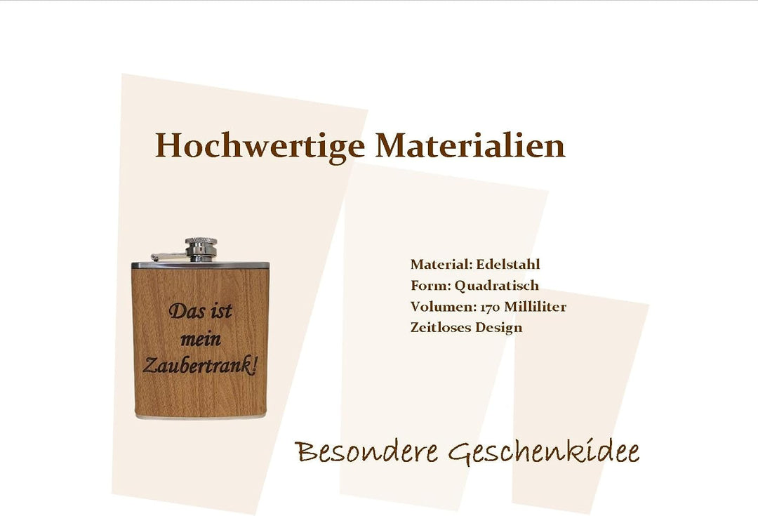 Edelstahl Flachmann 170ml in Holzoptik – Ideal für Unterwegs, Robust &amp; Langlebig, Trinkflasche, Gesc