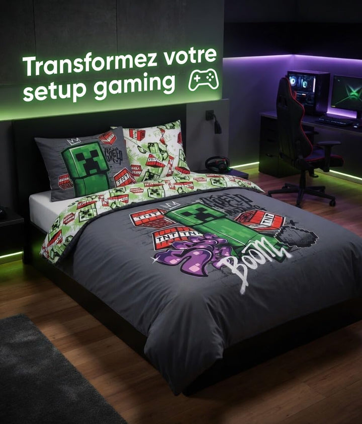 Parure de lit double réversible Minecraft - 220 cm x 240 cm