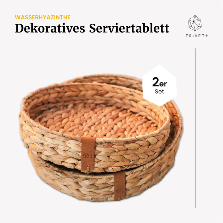 FRIHET® rundes Serviertablett | geflochtene Wasserhyazinthe | Deko Tablett in Boho-Chic | Tablett in