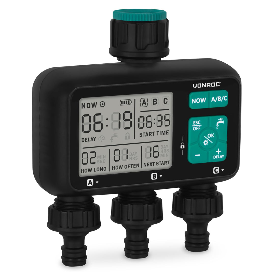 VONROC Wasser-Timer – Bewässerungscomputer – Automatisches Bewässerungssystem – Einstellbares Interv