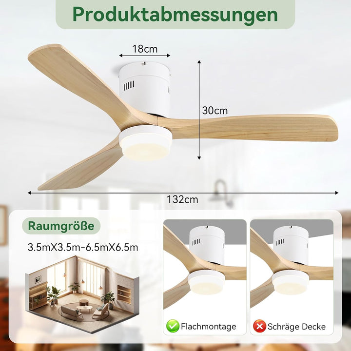 Sofucor 132cm Smart Deckenventilator mit Beleuchtung, Massivholz Deckenventilator mit Licht, Alexa/A