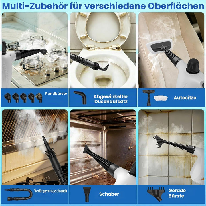 Handdampfreiniger mit Sicherheitsverriegelung und 14 Aufsätzen, geeignet für Badezimmer, Küchen, Möb