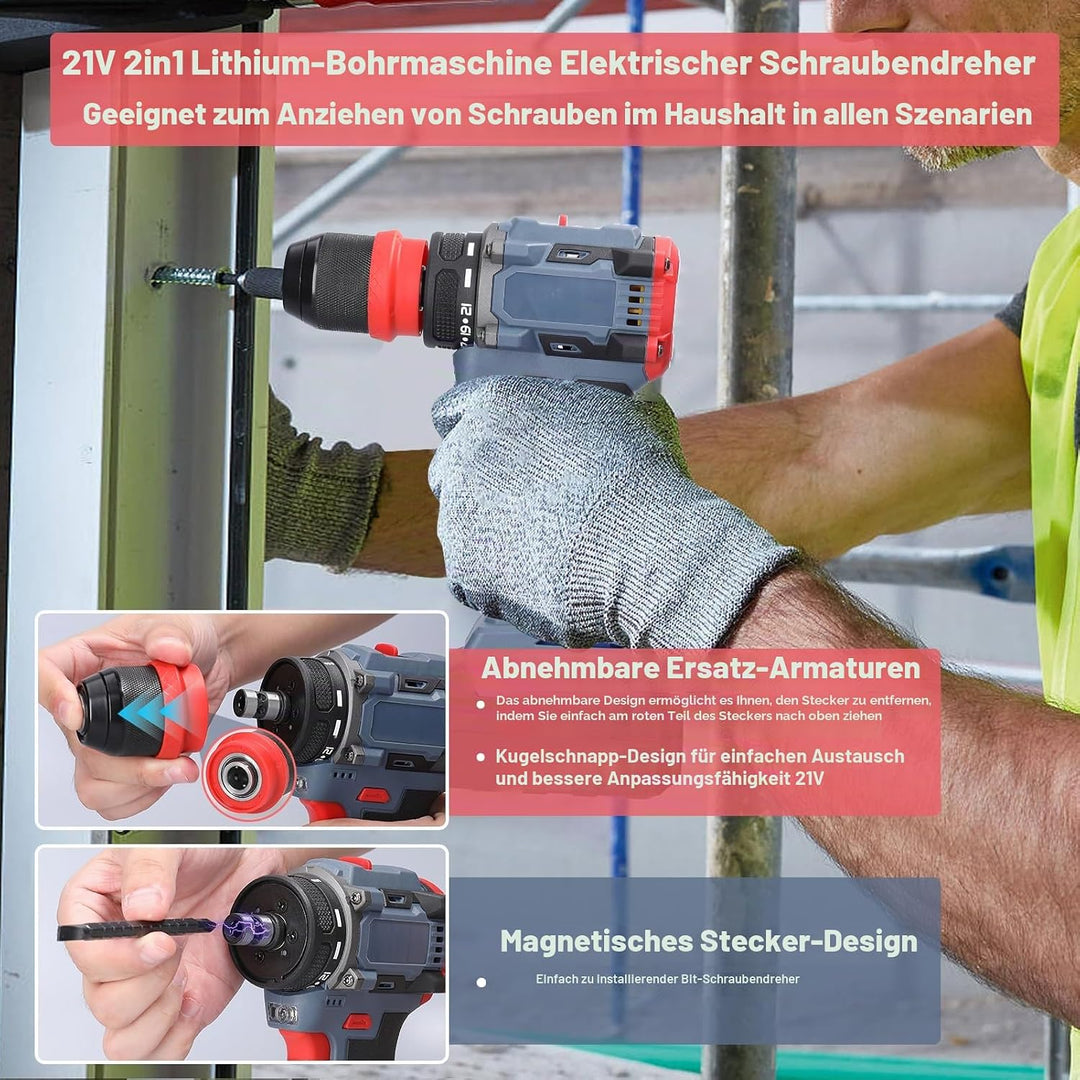 Weytoll 21V Akku Bohrmaschine, Akkuschrauber mit Akku*2 1300mAh, Akku Bohrer Abnehmbares Bohrfutter,