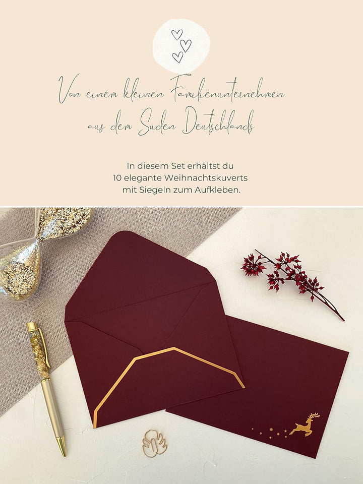 10 Premium Briefumschläge Weihnachten - Weihnachtskuvert heissfolienveredelt mit Goldakzenten und Wa