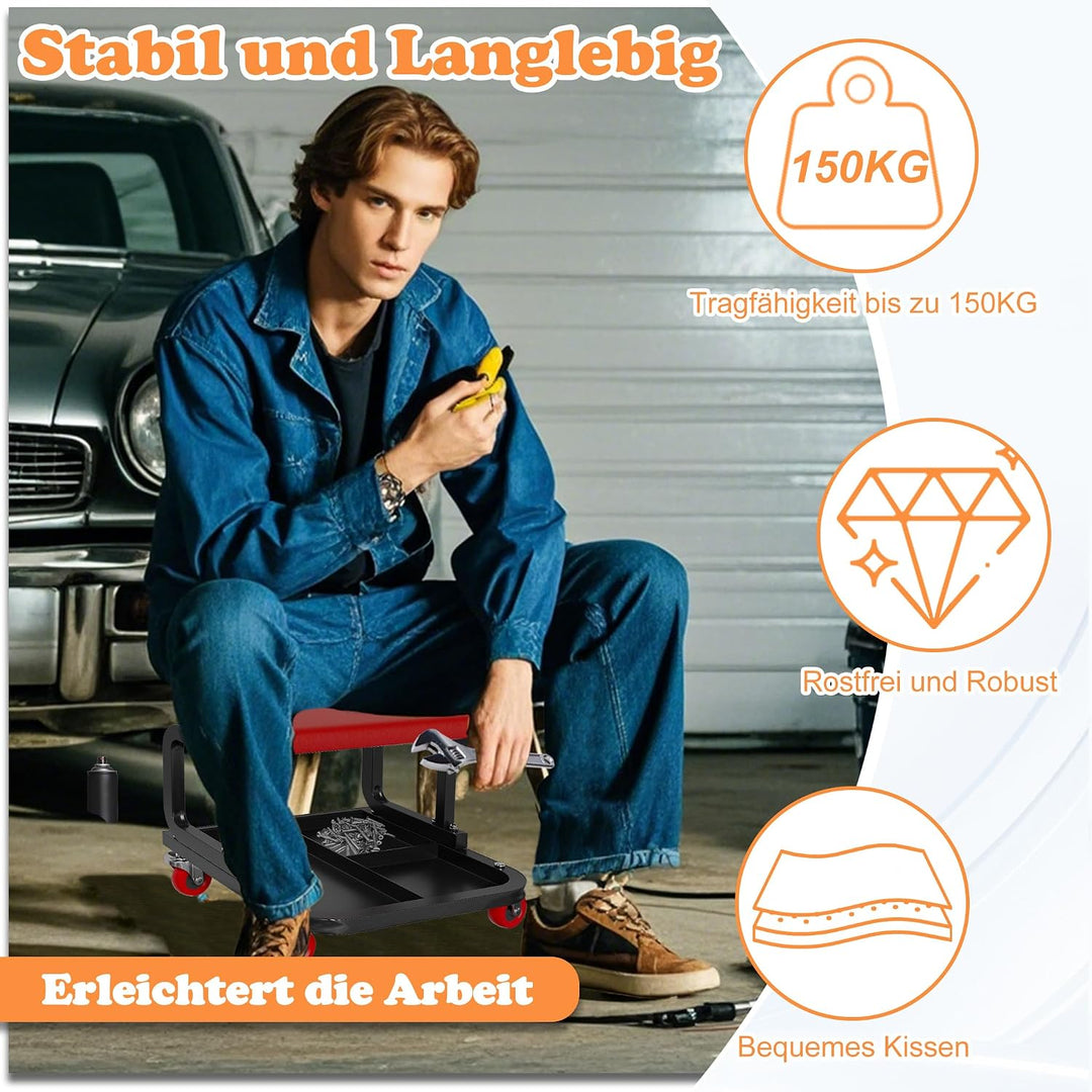 ACXIN Werkstatthocke Montagehocker mit Rollen Werkstattsitz mit Ablage Werkstattstuhl aus PP und Eis