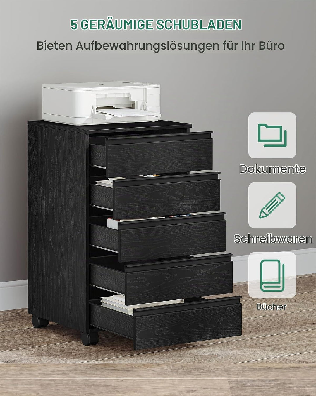 Hzuaneri Rollcontainer, mobiler Aktenschrank, Schubladenschrank mit 5 Schubladen, Lagerschrank für B