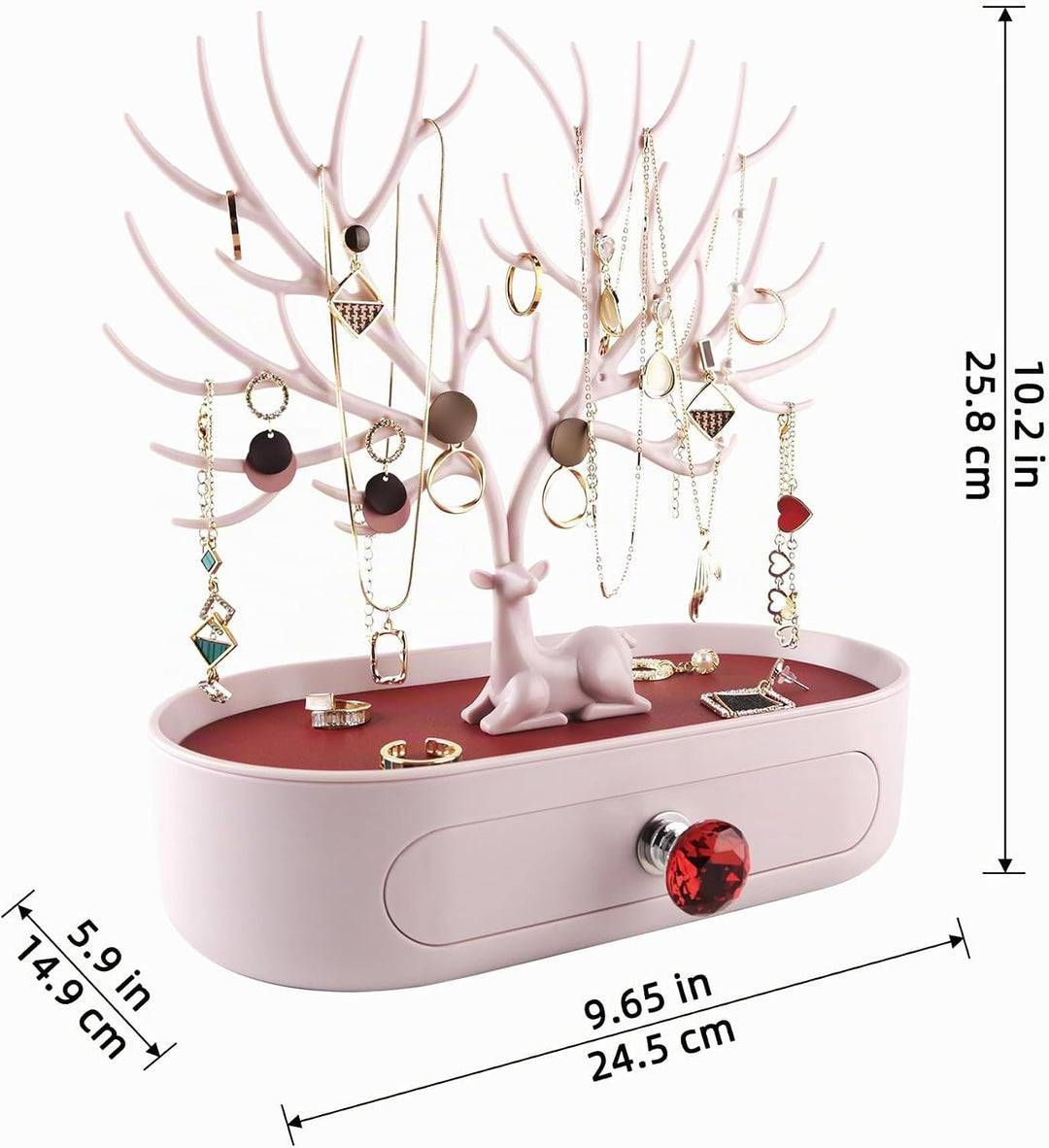 MORE&amp;LESS Rotes Kunstleder Roter Kristall Griff Hirsch Ornament Display Rack Ring Ohrringe Halskette