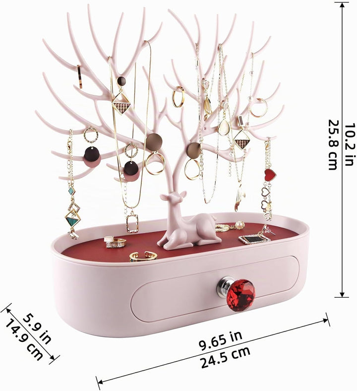 MORE&amp;LESS Rotes Kunstleder Roter Kristall Griff Hirsch Ornament Display Rack Ring Ohrringe Halskette