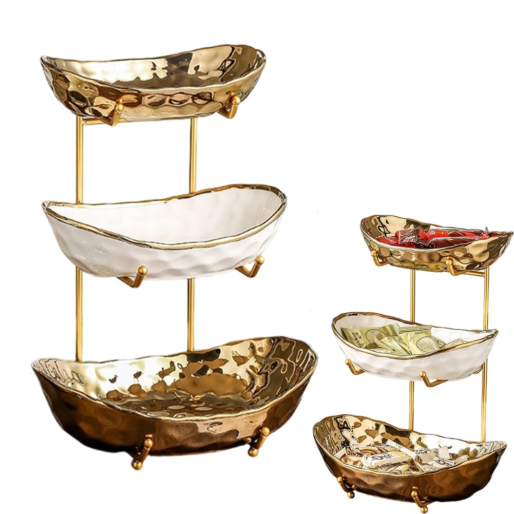 3-Schicht Obstschale Keramik mit Metallgestell, Obstschale Etagere, Elegante Etagere zum Servieren v