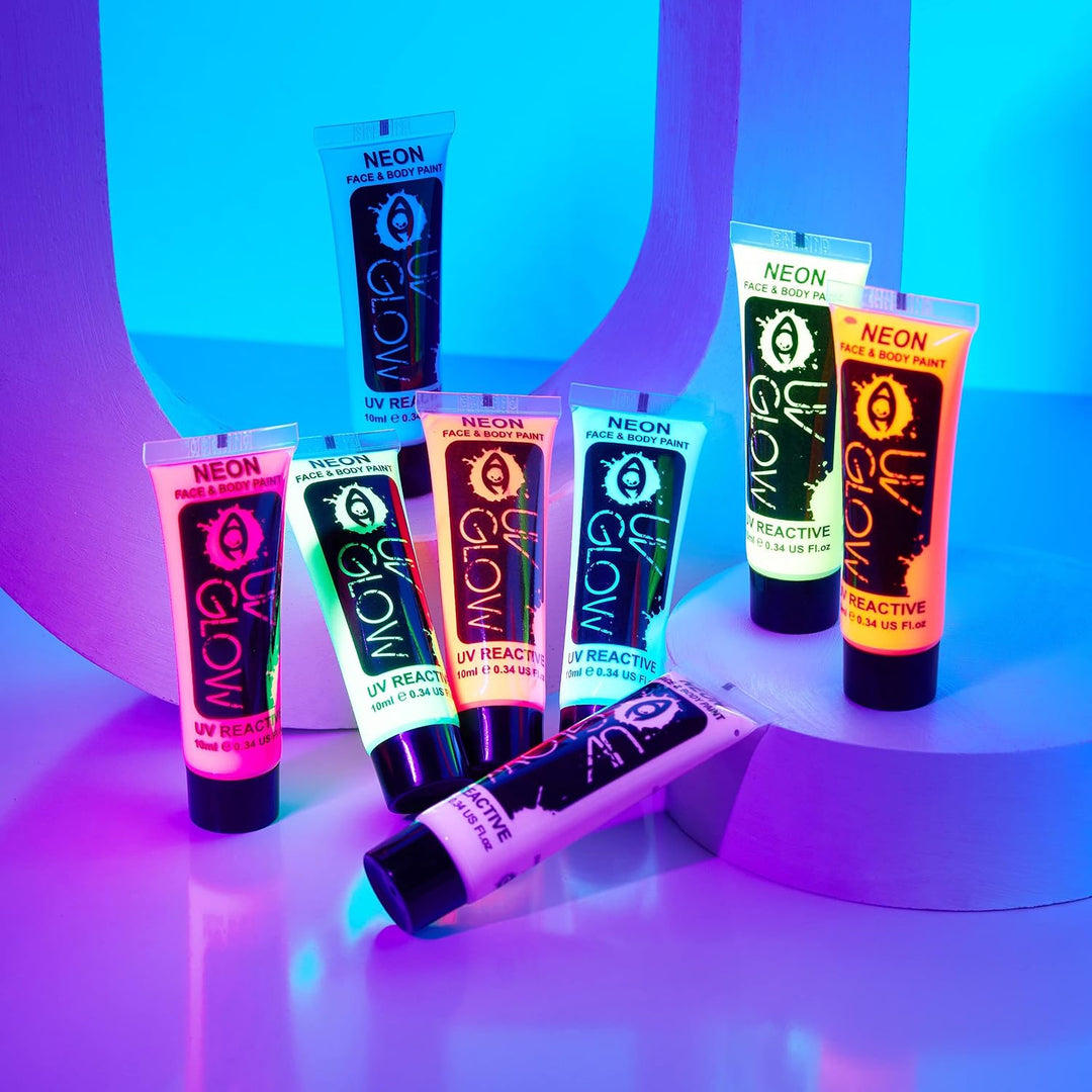 24 x 10ml UV-Bodypaint Körpermalfarben Schwarzlicht fluoreszierende Schminke Bodypainting Neon Farbe