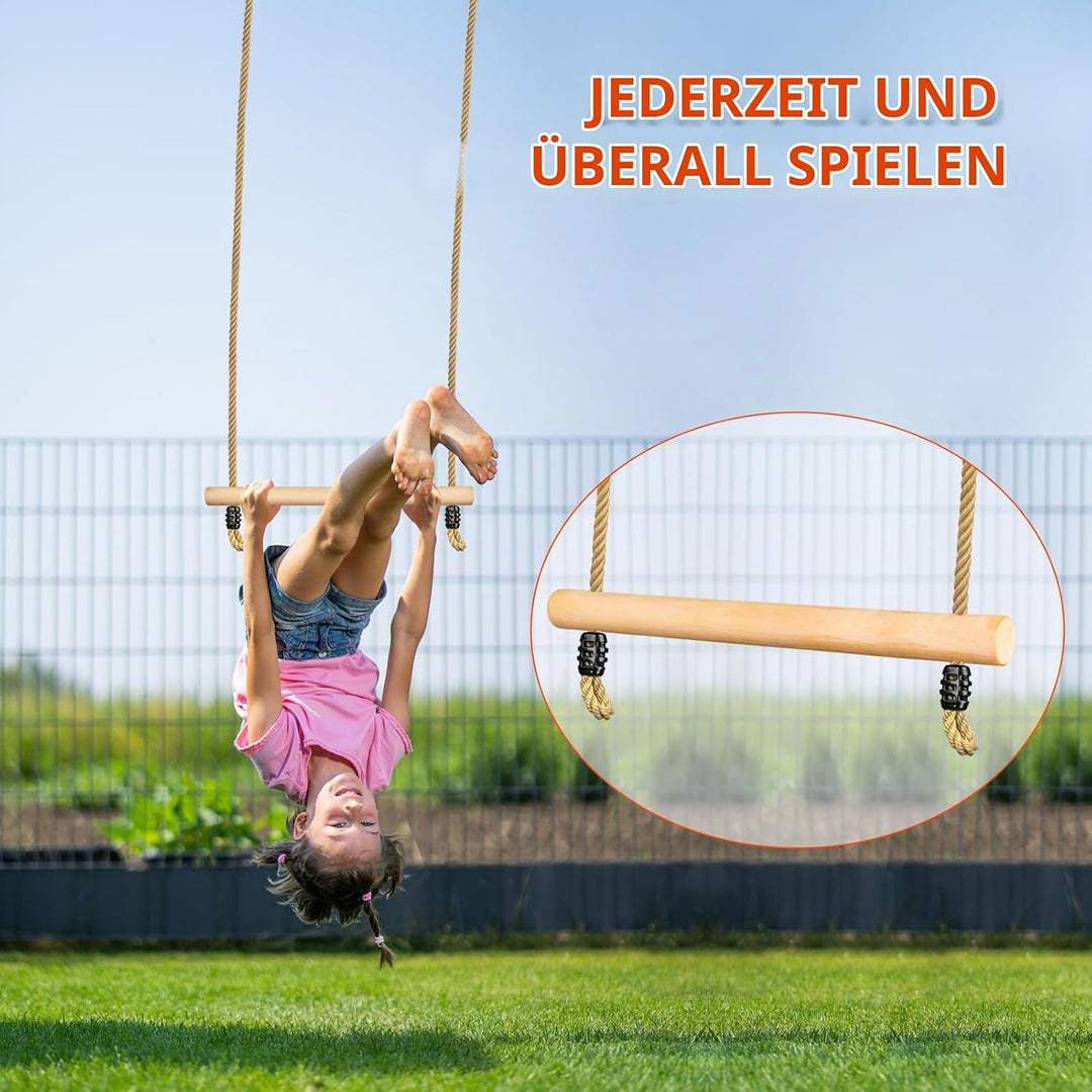 Trapez Schaukel, Trapezstange Holz mit Höhenverstellbaren Seil Schaukelstange aus Holz Kinderschauke
