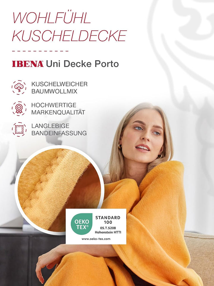 Ibena Porto Decke 150x200 cm – Baumwollmix weich, warm &amp; waschbar, Kuscheldecke gelb Gold einfarbig