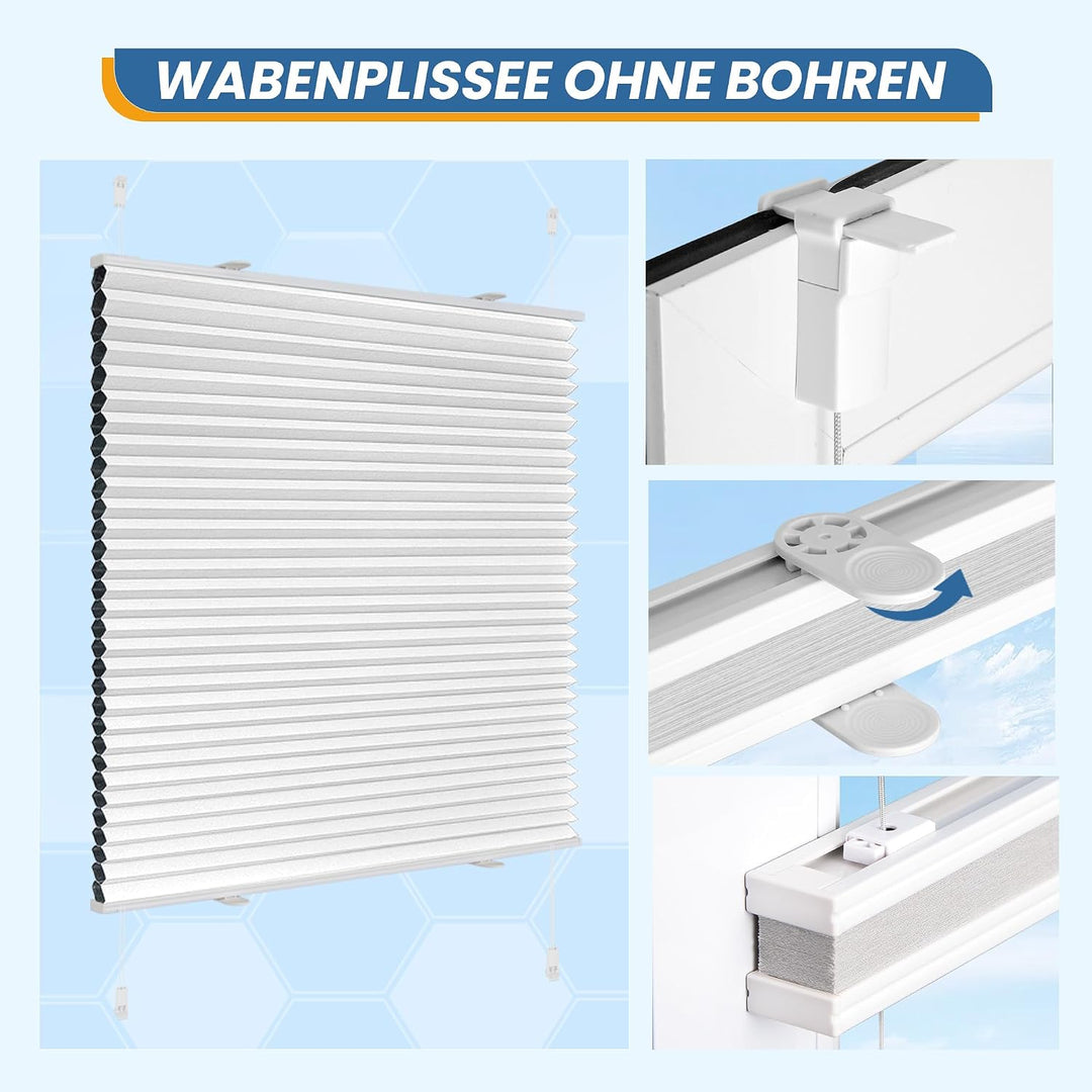 TFSKY Wabenplissee Plissee ohne Bohren Verdunkelung Klemmfix Zweifarbigz Weiss-Weiss B40 x H110 cm D