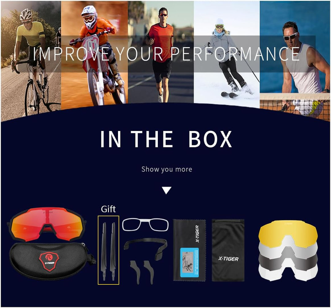 X-TIGER Fahrradbrille, Herren Damen Sportbrille, UV400 mit 5 Wechselgläser,Starker TR90 Frame, mit M
