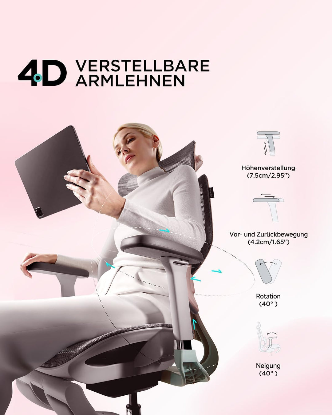 Hbada E3 Pro Ergonomischer Bürostuhl mit 3-Zonen dynamischer Lendenwirbelstütze, 4D verstellbare Kop