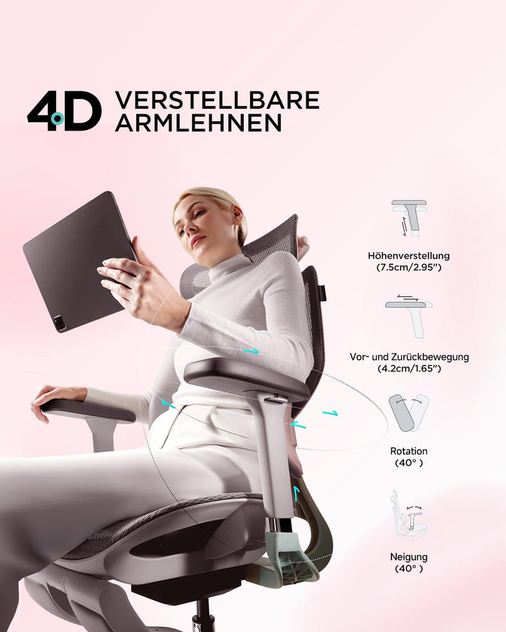 Hbada E3 Pro Ergonomischer Bürostuhl mit 3-Zonen dynamischer Lendenwirbelstütze, 4D verstellbare Kop