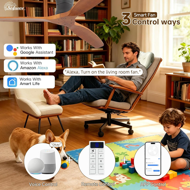 Sofucor Smart Deckenventilator mit Alexa/APP, 132cm Massivholz Deckenventilator mit Fernbedienung, W