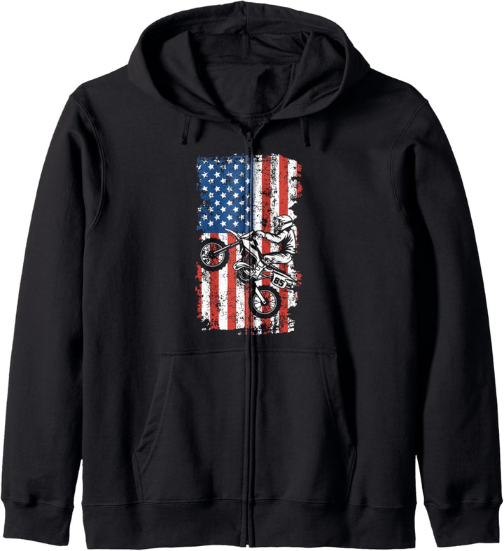 Dirt Bike amerikanische Flagge, Vintage Motocross-Fahrer Kapuzenjacke