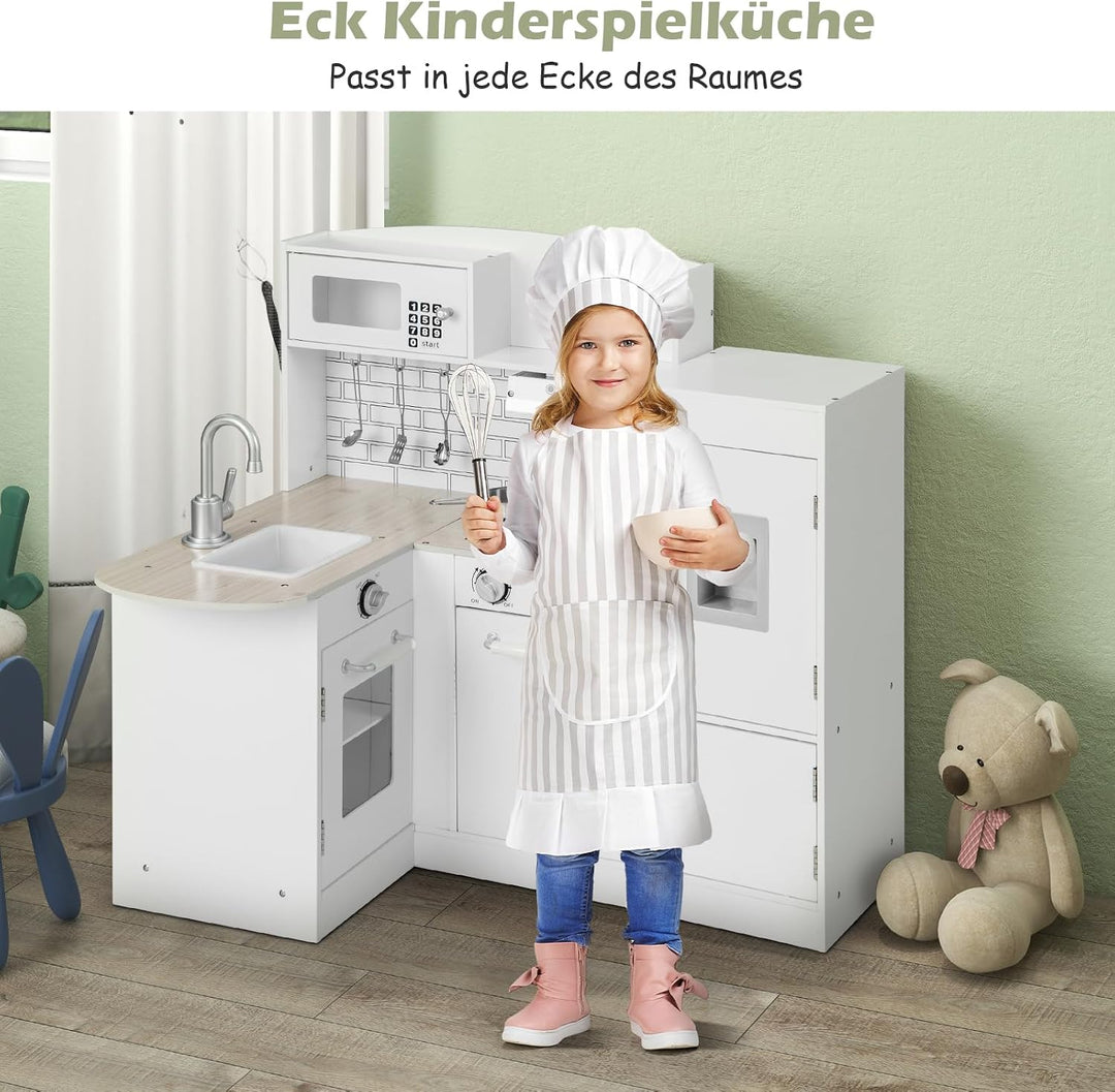 GOPLUS Eck Spielküche, Kinderspielküche mit Mikrowellenofen, Wasserspender, Herd, Dunstabzugshaube,