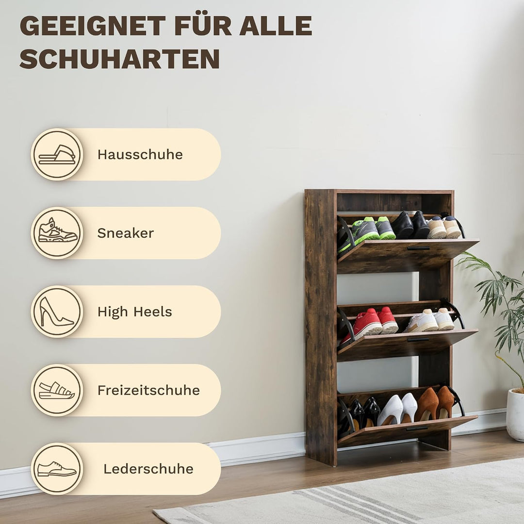 CATAVANA Schuhschrank Schmal - 3 Fächer für 18 Paar - Schuhregal Geschlossen - Platzsparend &amp; Modern