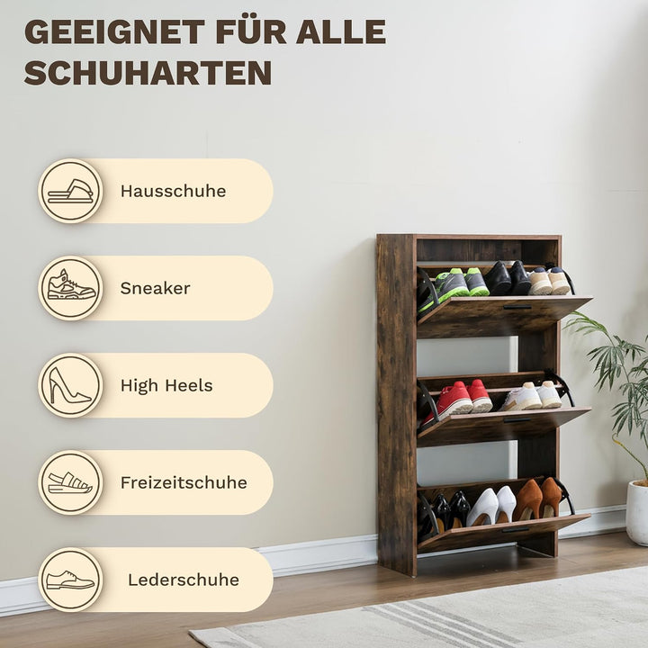 CATAVANA Schuhschrank Schmal - 3 Fächer für 18 Paar - Schuhregal Geschlossen - Platzsparend &amp; Modern