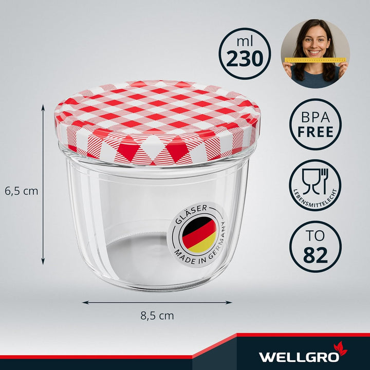 WELLGRO 50x Einmachgläser 230ml – Schraubdeckel TO82 rot kariert – Made in Germany – Vorratsgläser,