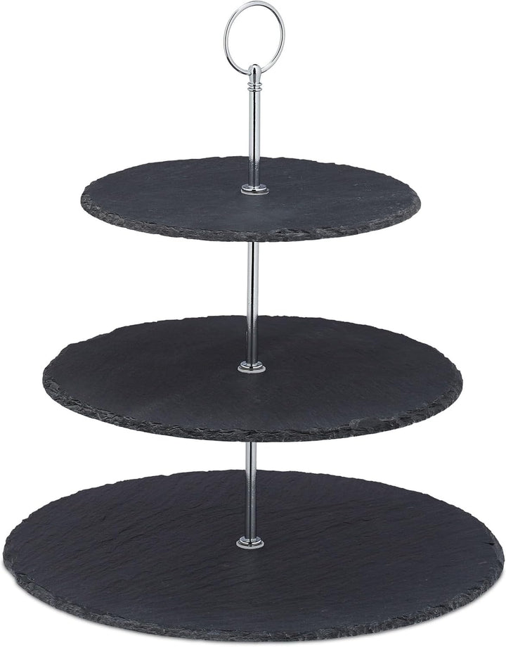 Relaxdays Etagere, 3 Etagen, Schiefer, Kuchen, Snacks, Obst, Metallgriff, Servierständer, HxD 34x30