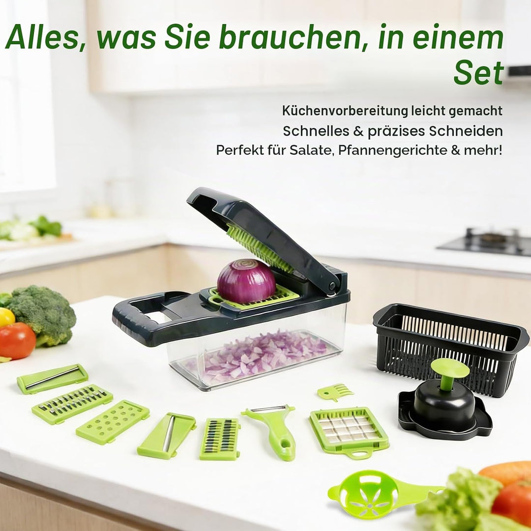 16-in-1 Gemüseschneider &amp; MandoIine – Multifunktionaler Gemüsehobel mit Auffangbehälter, Abtropfkorb