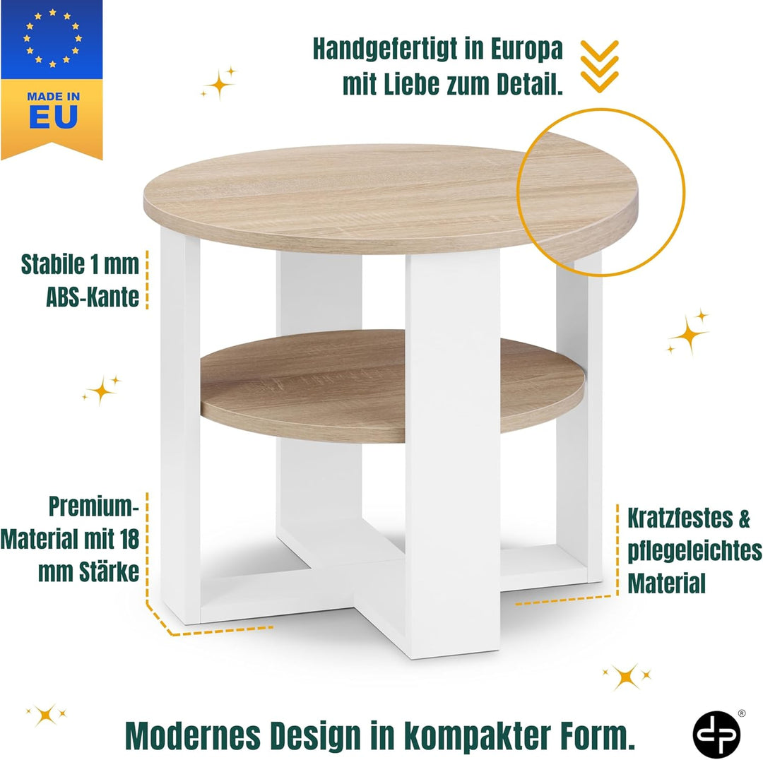 Couchtisch rund Ø53 cm - Kleiner Beistelltisch mit Ablage - Sonoma Eiche - 2 Ebenen, runder moderner