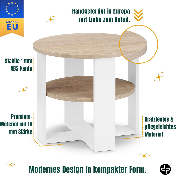 Couchtisch rund Ø53 cm - Kleiner Beistelltisch mit Ablage - Sonoma Eiche - 2 Ebenen, runder moderner