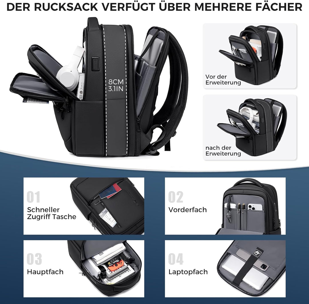 Fenree.geer 1800D Erweiterbarer Laptop Rucksack,Rucksack Herre 21,6L-32,4L Schwarz 2 Erweiterbar, Sc