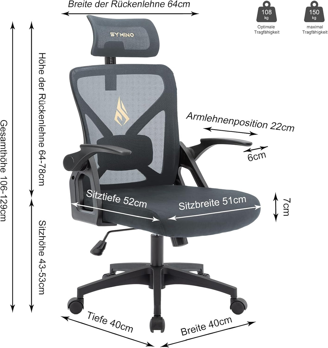 symino Bürostuhl, Schreibtischstuhl, Drehstuhl Ergonomischer mit Verstellbarer Kopfstütze, Armlehnen