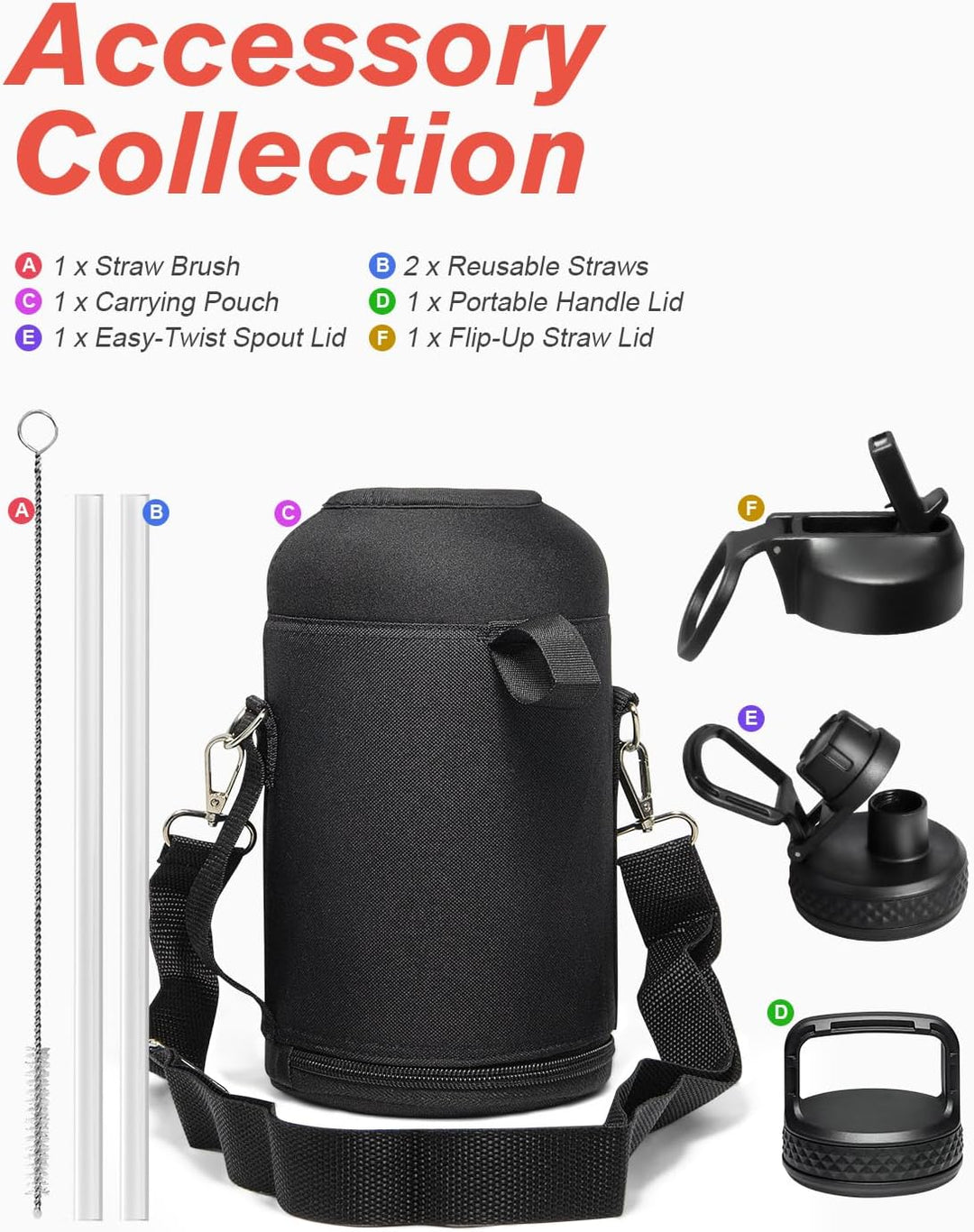 Isolierte Wasserflasche 2L, Coolflask Wasserflasche mit Strohhalm &amp; 3 Deckeln, Edelstahl Isolierte t