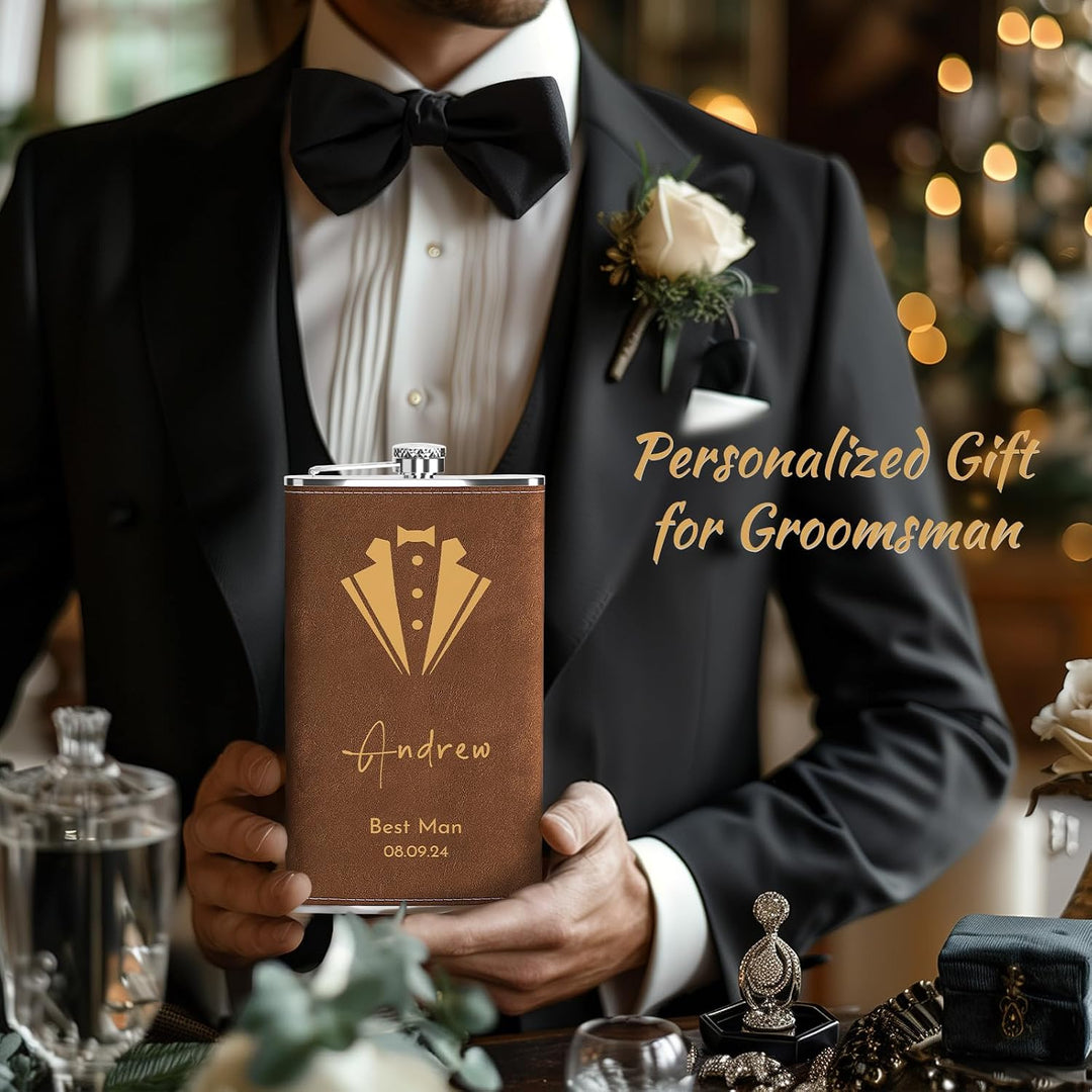 Flachmann Set mit Gravur für Hochzeit, Edelstahl Gross Personalisiert 12oz/355ml für Trauzeugen Gesc