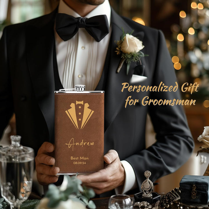Flachmann Set mit Gravur für Hochzeit, Edelstahl Gross Personalisiert 12oz/355ml für Trauzeugen Gesc