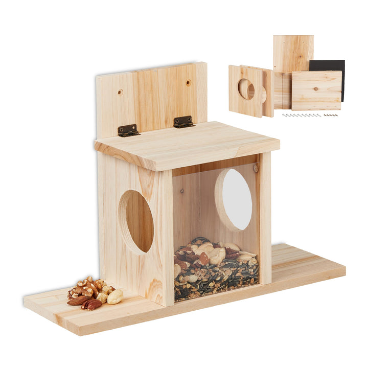 Relaxdays Eichhörnchen Futterhaus, Bausatz, Holz, 2 Eingänge &amp; Sitzplattformen, zum Aufhängen, Eichh