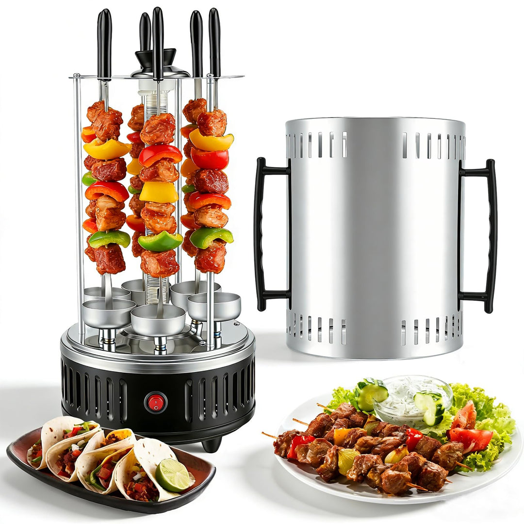 Elektrischer BBQ Tischgrill Vertikalgrill aus Edelstahl, Schaschlikgrill mit 12 Spiessen und 2 Glasr