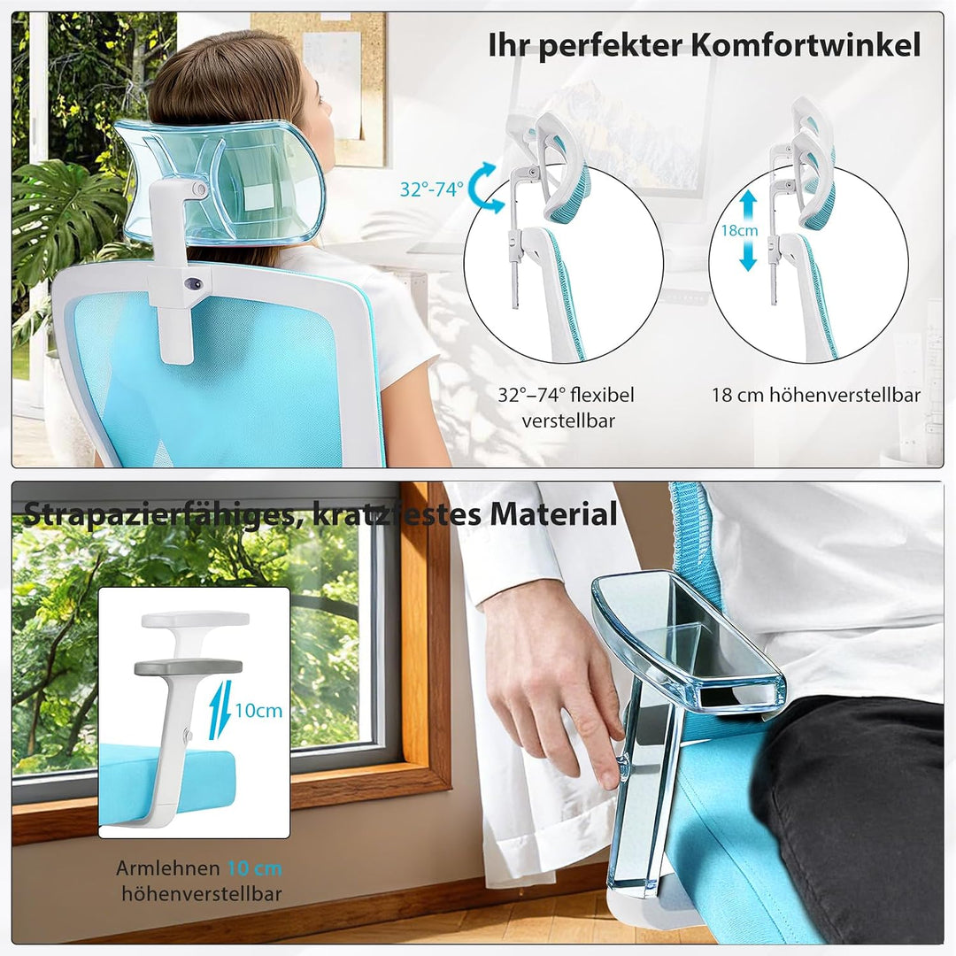 Bürostuhl ergonomisch, Schreibtischstuhl mit Kopfstütze, Lordosenstütze und höhenverstellbaren Armle