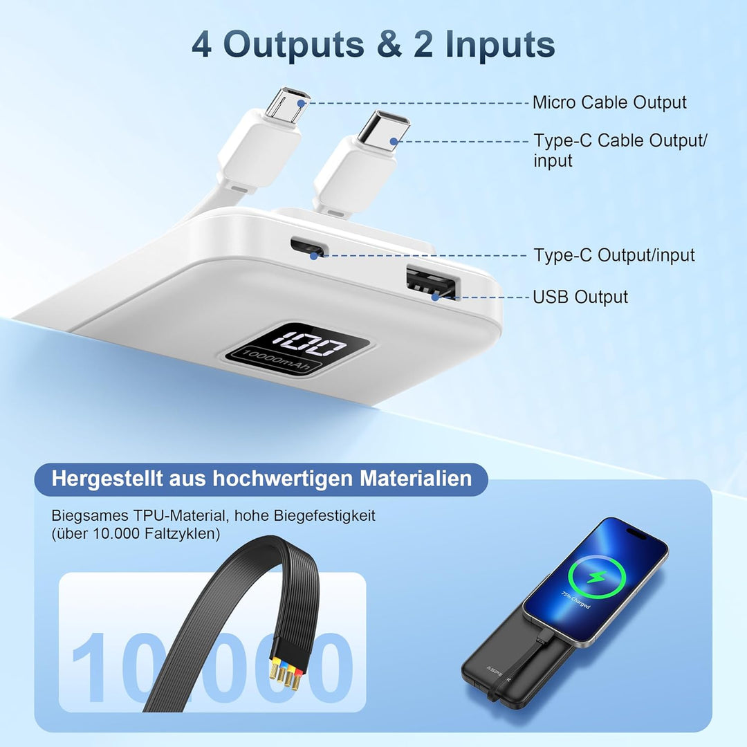 AsperX 2 Stück Powerbank 10000mAh mit USB-C Kabel Schnellladen Schwarz + Weiss, Schwarz + Weiss