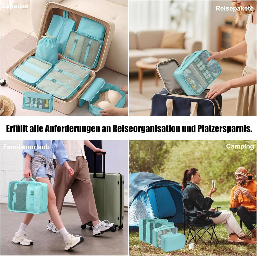 Packing Cubes 8er Set Koffer Organizer Packwürfel Set wasserdicht Türkisblau, Türkisblau
