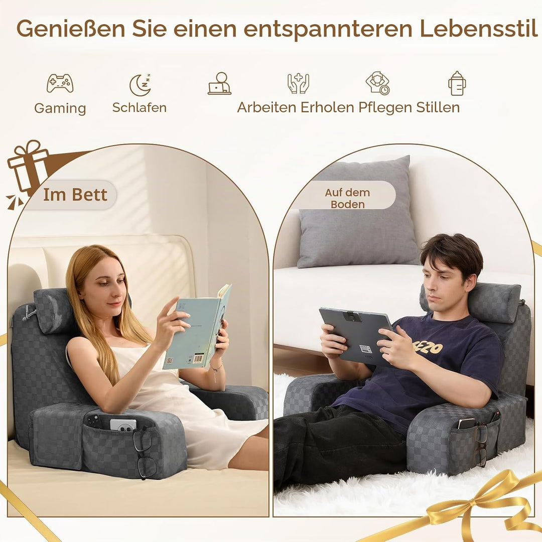 Vekkia 19" Lesekissen für Bett und Sofa, Lesekissen für Erwachsene Schwarz Grau 45° 48,3 cm, Schwarz