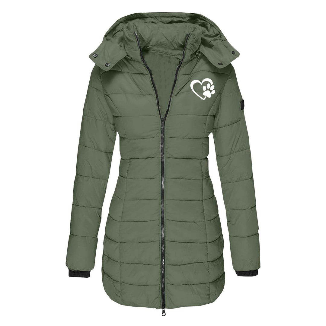 Daunenjacke Damen Lang Herz Hundepfote Druck Winterjacke Warm Steppjacke Mit Abnehmbar Kapuze Reissv