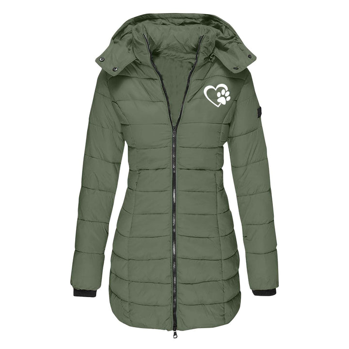 Daunenjacke Damen Lang Herz Hundepfote Druck Winterjacke Warm Steppjacke Mit Abnehmbar Kapuze Reissv