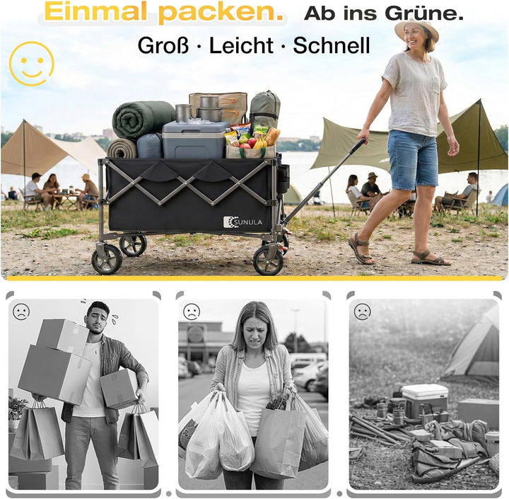 SUNULA Bollerwagen Faltbar 150L 120KG, Handwagen Geländegängig mit Bremsen Schwarz 150 L, Schwarz 15