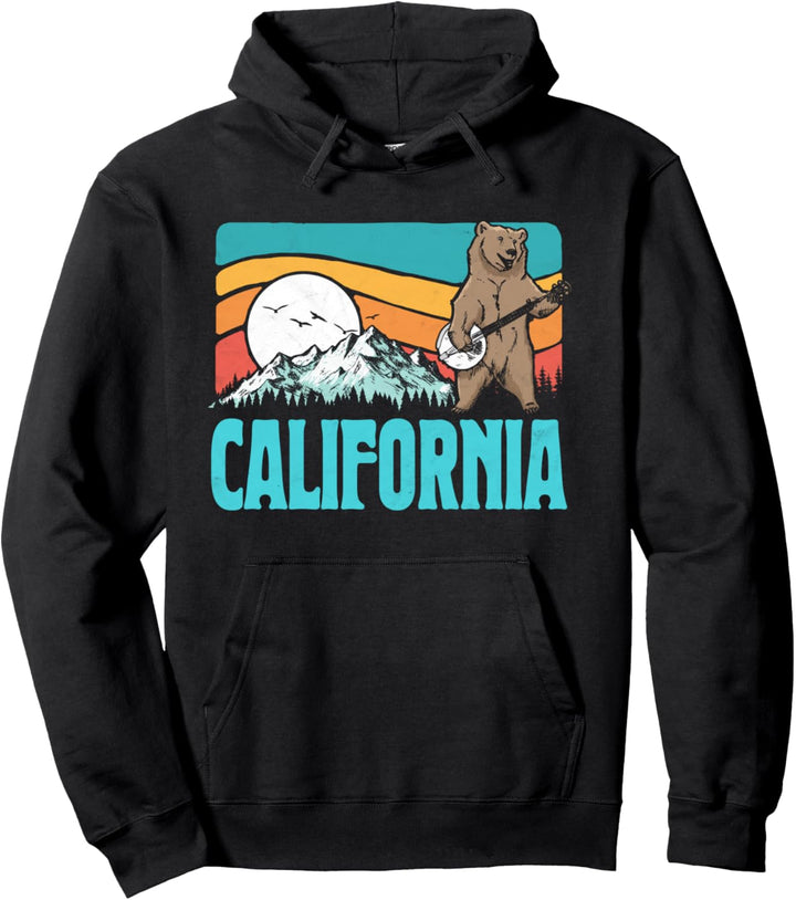 California Mountains Bluegrass Banjo Bear Funny Graphic Pullover Hoodie