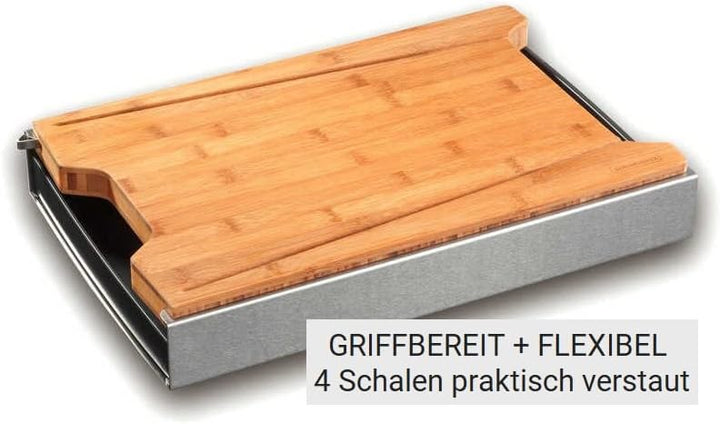 Schneidbox Bambus - Schneidebrett Mit 4 Auffangschalen Im Edelstahlkasten - Patentiertes Trennsystem