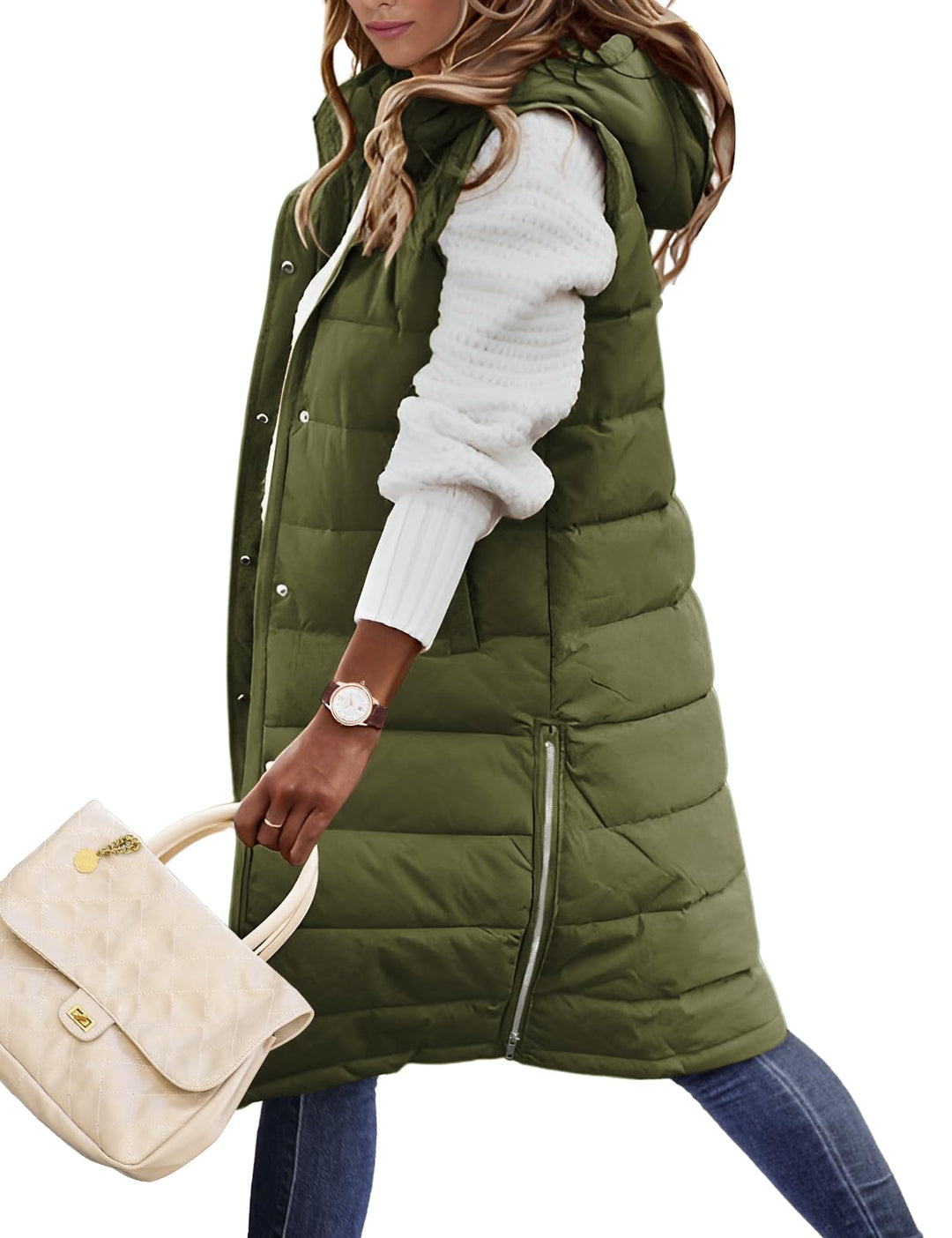 Yuson Girl Lange Jacke Weste für Damen Ärmellose Kapuzenweste Steppweste Damen Lang Winteroberbeklei