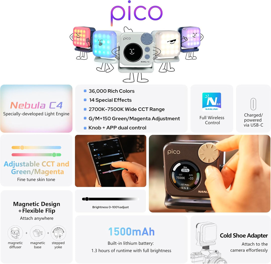 Nanlite Pico Tragbares LED-Fülllicht – Vollfarb-RGB, Snap-On-Aufsatz für Telefon-/Kamera-Fotografie,