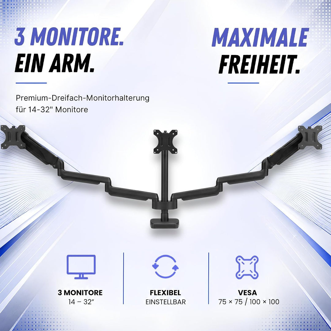 Monitor Halterung 3 Monitore für 14 bis 32 Zoll 360° Beweglichkeit